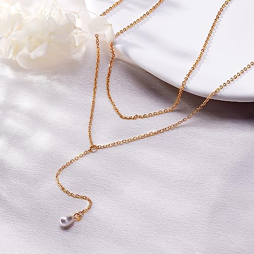 2 PCS Layered Long Gold Necklace Set for Women 18K Gold Plated Dainty Lariat Y Necklaces