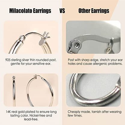 MILACOLATO S925 Sterling Silver Post Hoop Earrings 14K Gold Plated Hoops 3mm Chunky Large Big Hoop Earrings Hypoallergenic Lightweight Earrings for Women 15/20/30/40/50/60/70mm - style: silver-50mm(1.97inch)
