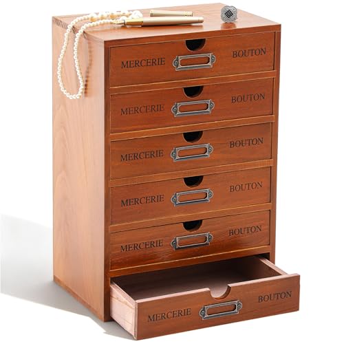 Wesiti 6 Drawer Vintage Wooden Desk Organizer, Apothecary Cabinet Storage Box, Rustic Craft Room Organizer for Embroidery Floss, Jewelry, Art Supplies, Essential Oils - Pre-assembled, Stackable - color: Brown, size: 6 Drawers
