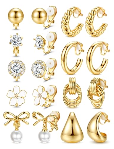 LOLIAS Clip On Earrings for Women 14K Gold Plated Clip Earrings Non Pierced | Hypoallergenic Ears Clips CZ Pearl Knot Twist Chunky Hoop and Studs Earring Set Lightweight Fake Earings Jewelry - style: 9Pairs-14K Gold Plated