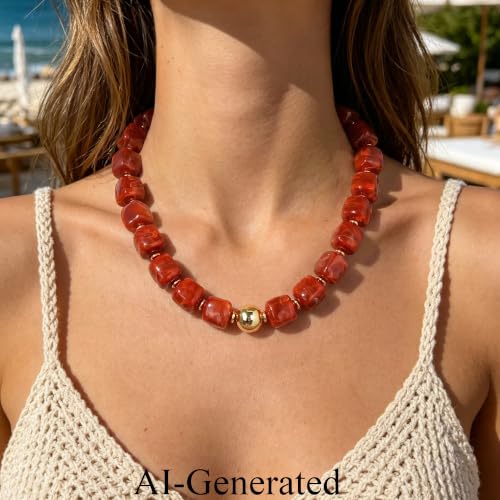 Ritach Chunky Beaded Necklaces for Women - Colorful Large Square Acrylic Beaded Necklace Boho Chunky Necklace Adjustable Statement Choker Necklace for Women Waterproof Summer Beach Jewelry Gifts - color: Red