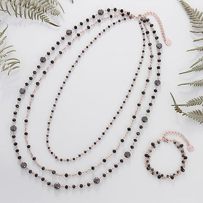 Firstmeet Long Chain Multi Layer Fashion Glass Beads Handmade Necklace for Women - color: Black-mgj+SL