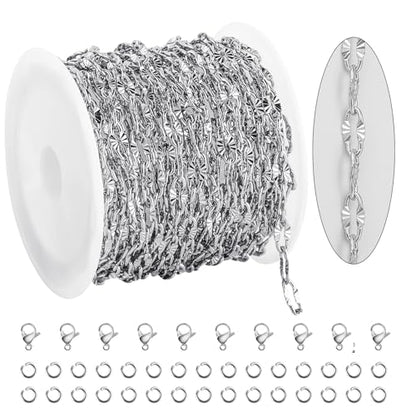 KYUNHOO 16.4FT Silver Stainless Steel Chains Bulk Embossed Lip Chain Roll | Soldered Cross Link Chains Cable Chain with Jewelry Clasps for Handcraft Making - color: Cross Oval Silver