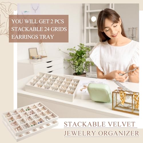 Cinnvoice 2 Pcs Stackable Jewelry Organizer Tray for Drawer, 24 Grids Velvet Earrings Ring Tray for Selling Earring Necklace Bracelet Showcase Display Organizer (Beige)