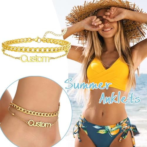 U7 Custom Layered Ankle Bracelets for Women Stainless Steel Bead/Cuban/Figaro/Rope/Wheat Chain Anklet Waterproof Anklet Jewelry for Beach Vacation - color: a-Gold Plated-Cuban Chain