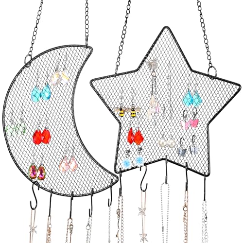 Jetec 2 Pcs Earring Wall Holder Wall Mounted Organizer Hanging Stand Decorative Diamond Grid Shape Jewelry Display Rack with Hanging Hooks for Earrings Necklace Bracelet(Black) - color: Black