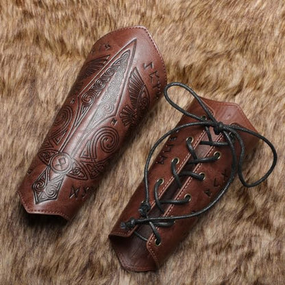 Medieval Leather Bracers Dragon Embossed Viking Leather Bracers Leather Arm Armer Cuff Leather Gauntlet Costumes Accessories - style: Medieval Sward Pattern Leather Bracers-light Brown
