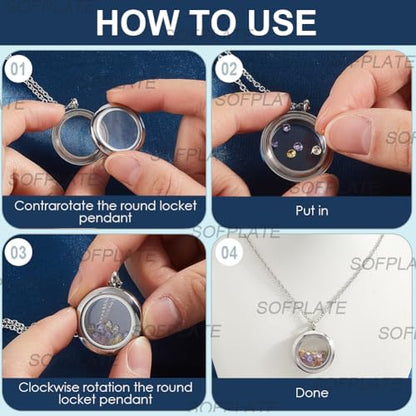 1 Box Stainless Steel 6Pcs Round Memory Locket Floating Memory Glass Necklace Chain Cubic Zirconia Cabochons Polished Keepsake Living Locket Necklace for Pendant Women Friendship Decoration - style: silver