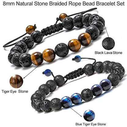 M MOOHAM Mens Bracelet - Beaded Natural Stone 8mm Tiger Eye Matte Agate Lava Rock Bracelets for Men Teen Boys Grandpa Dad Birthday Gifts Jewelry - style: "Lava Rock&Yellow Blue Tiger Eye Bracelets