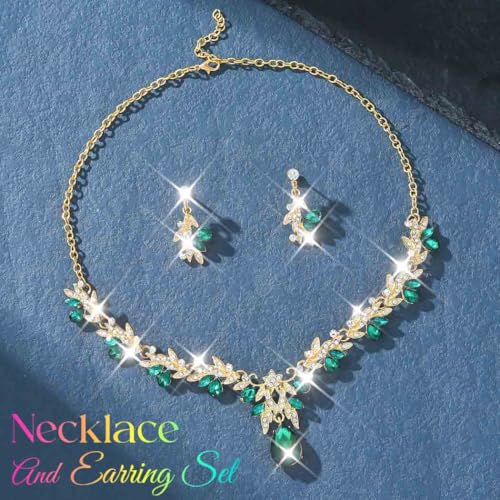 Rhinestone Bridal Wedding Jewelry Sets Gold Necklace Earrings Set Leaf Prom Formal Costume Jewelry Set for Women and Brides - color: Green