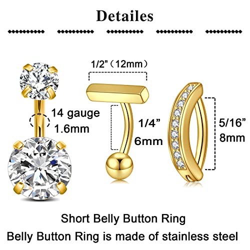 QWALIT Belly Rings - Short Bar Belly Button Rings in Surgical Steel with Opal Stones - 6mm & 10mm - color: A13-Gold short 6mm-6pcs