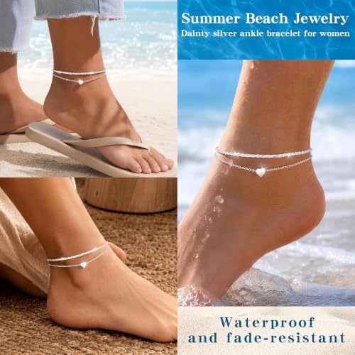 Sterling Silver Ankle Bracelets for Women 14k Gold Waterproof Layered Stackable Non Tarnish Dainty Heart Charm Large Adjustable Anklet for Summer Beach Jewelry Gift - color: SilverA