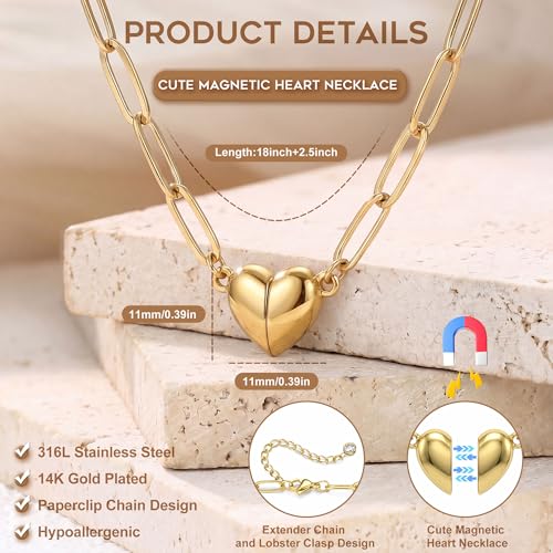 Magnetic Heart Necklaces for Women : 14K Gold Plated 316L Surgical Stainless Steel Heart Necklace Dainty Adjustable Paperclip Chain Pendant Necklace Jewelry Gifts Trendy Non Tarnish - color: Gold