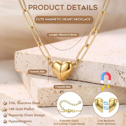 Magnetic Heart Necklaces for Women : 14K Gold Plated 316L Surgical Stainless Steel Heart Necklace Dainty Adjustable Paperclip Chain Pendant Necklace Jewelry Gifts Trendy Non Tarnish - color: Gold