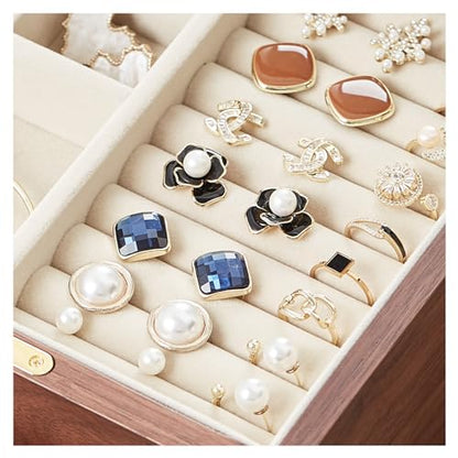 Black Walnut Wooden Women Jewelry Box with Glass Lid, 5 Layer | Large Wood Jewelry Drawer Organizer,Velvet-Lined, For Necklaces, Watch, Ring, Earring, Gift for Her - style: 5 Layer