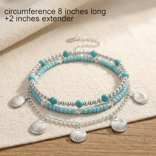 Silver Blue Beaded Shell Charm Layered Anklet Set for Women, Boho Handmade 3Pcs Beads Pearls Anklets Summer Beach Ocean Accessories Jewelry Gift