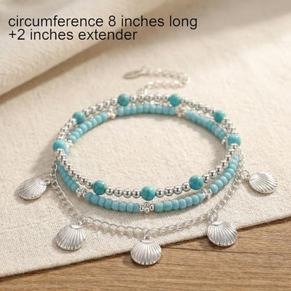 Silver Blue Beaded Shell Charm Layered Anklet Set for Women, Boho Handmade 3Pcs Beads Pearls Anklets Summer Beach Ocean Accessories Jewelry Gift