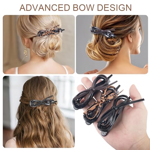 6 Pcs Bow Hair Clips, Retro Acrylic Soft Leather Bowknot Twisted Flat Claw, Ponytail Holder Barrettes, Flat Claw Clips for Women Thick Hair, Non-Slip Strong Holder Accessories