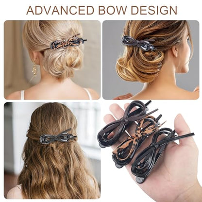 6 Pcs Bow Hair Clips, Retro Acrylic Soft Leather Bowknot Twisted Flat Claw, Ponytail Holder Barrettes, Flat Claw Clips for Women Thick Hair, Non-Slip Strong Holder Accessories