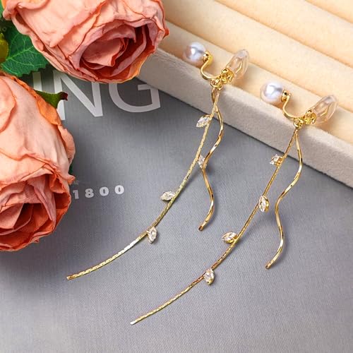 ASOQOLA Clip on Earrings Non Pierced for Women Long Dangle Drop Clip Earrings - Cubic Zirconia Leaf Earrings for Women Wedding Party Prom Jewelry Gifts - color: Gold-white