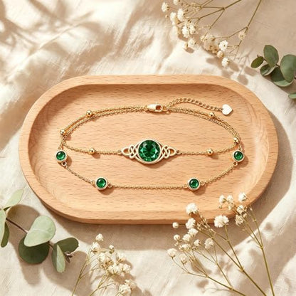 Midari 18K Gold Irish Infinity Celtic Knot Birthstone Layed Anklet Bracelet with 12 Months Birthstone Birthday Jewelry Gifts for Women Mom - color: 05-Emerald, size: Anklet 9"-11"