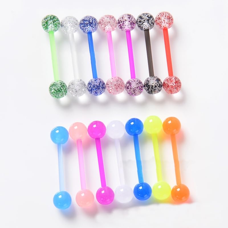 DATOA 16/48Pcs 14G Glow in Dark Flexible Acrylic Straight Tongue Barbell Nipple Ring Retainer Piercing Jewelry for Women Men - style: 48Pcs