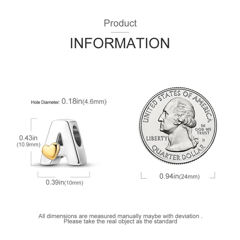 Women 925 Sterling Silver Charms A-Z Heart Letters Beads Pendant for Bracelets Women Fit Pandora Bracelets Hypoallergenic Beads - color: A
