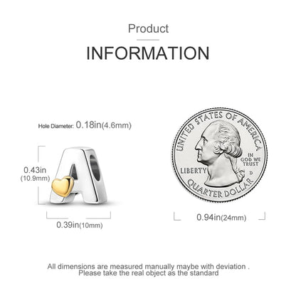Women 925 Sterling Silver Charms A-Z Heart Letters Beads Pendant for Bracelets Women Fit Pandora Bracelets Hypoallergenic Beads - color: A