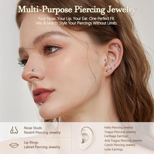 14K Gold Filled Threadless Nose Studs 316L Surgical Steel Labret Studs Lip Rings Push in Flat Back Stud Earrings CZ Nose Nostril Cartilage Lip Medusa Conch Tragus Helix Body Piercing Jewelry for Women Men Hypoallergenic 20G 18G 16G - color: 6Pcs 16G 2mm 3