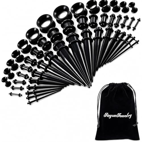 JieyueJewelry 50/54 Pcs Ear Stretching Kit 14G-00G | Acrylic Tapers & Plugs with Silicone Tunnels, Ear Gauges Expander Set Body Piercing Jewelry for Women and Men - color: Black