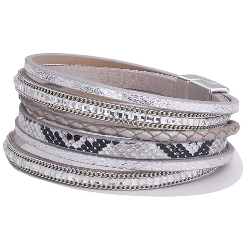 Boho Layered Leather Wrap Bracelets Chunky Western Country Hippie Jewelry | Stackable Bohemian Cowgirl Magnetic Clasp Cuff Bangle Set Fashion Stack Statement Festival Trendy Jewelry Gifts for Women - color: Silver