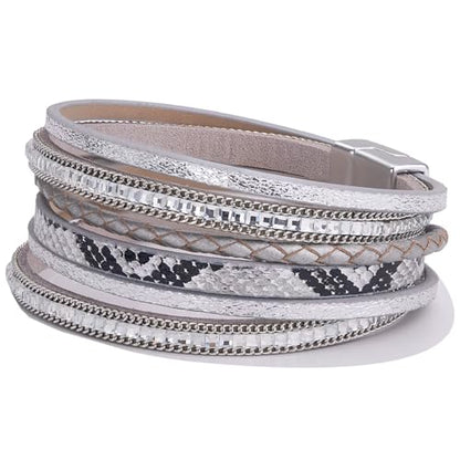 Boho Layered Leather Wrap Bracelets Chunky Western Country Hippie Jewelry | Stackable Bohemian Cowgirl Magnetic Clasp Cuff Bangle Set Fashion Stack Statement Festival Trendy Jewelry Gifts for Women - color: Silver