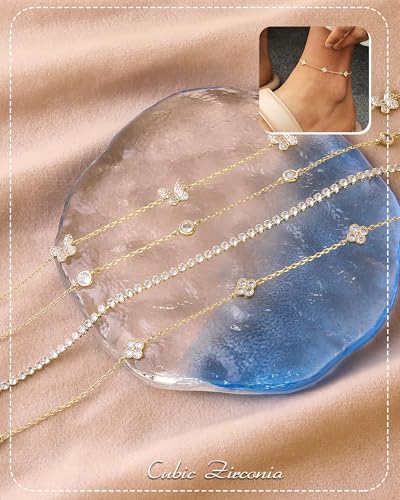 RLMOON Gold Silver Anklets for Women CZ Ankle Bracelets 14K Gold Plated | Waterproof Layered Stackable Clover Butterfly Tennis Chain Anklet Non Tarnish Trendy Summer Beach Foot Jewelry - color: Silver anklet C