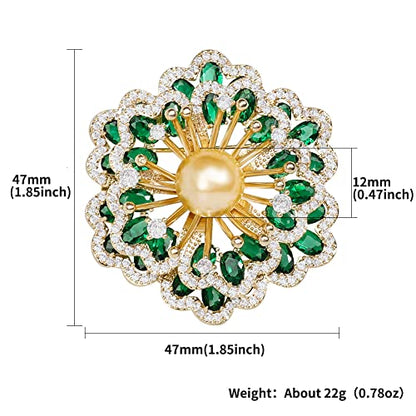 Brooches for Women, Shiny Cubic Zirconia Brooch Pins for Women Fashion Brooch Pin Broach Jewelry Gift - color: Green Peony Flower