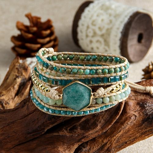 Handmade Boho Wrap Bracelets Natural Turquoise Crystal Stone Variety Beaded Strand Bracelet - color: Amazonite