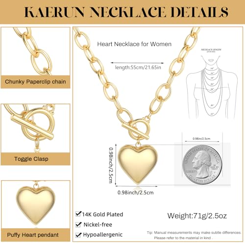 Chunky Gold Necklace for Women Trendy Non Tarnish 14K Gold Plated Paperclip Chain Charm Necklaces Chunky Heart Cross Clover Pearl Pendant Necklace with Toggle Clasp Statement Jewelry Gift for Women - color: A-Heart