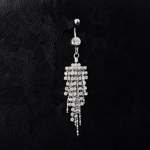 14G CZ Tassel Dangle Belly Button Rings for Women Sparkling Cubic Zirconia Crystal Fringe Dangling Belly Navel Studs Rings Navel Curved Barbell Body Piercing Jewelry