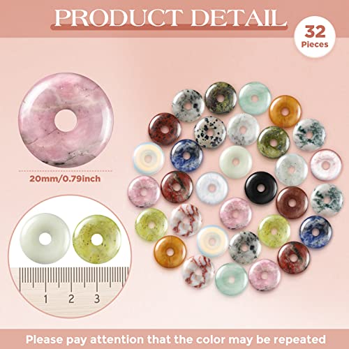 Nuenen 32 Pcs Stone Beads 0.79 x 0.2 Inch Rondelle Donut Beads with Hole Worry Stones Bulk Lucky Crystal Disc Pendants Quartz Amulet Gemstone for Witchcraft Supplies DIY Necklace Jewelry Making