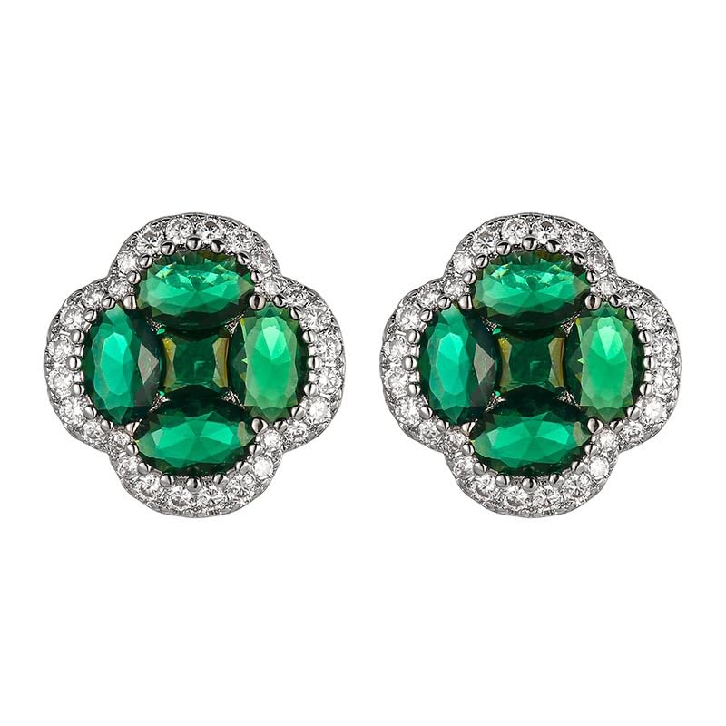 Green/Blue Zircon 4-Leaf Clover Jewelry Set – Necklace, Ring, Earrings – Women's Wedding & Evening Gift for Wife, Girlfriend, Mother – Comes with Gift Box - color: Green Earrings