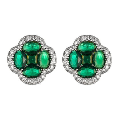 Green/Blue Zircon 4-Leaf Clover Jewelry Set – Necklace, Ring, Earrings – Women's Wedding & Evening Gift for Wife, Girlfriend, Mother – Comes with Gift Box - color: Green Earrings