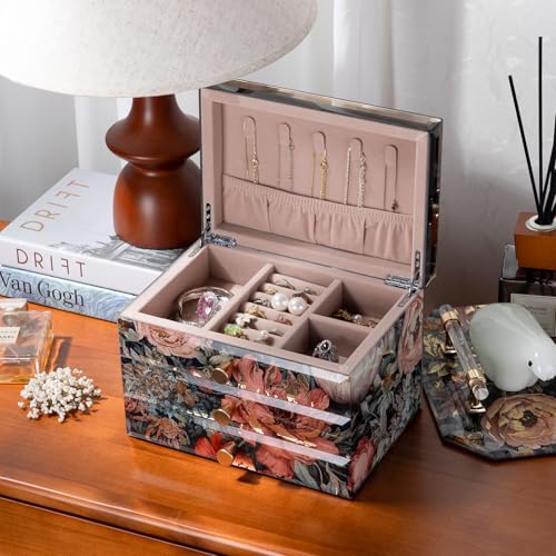 Glass Jewelry Box With Floral Pattern, 3-Tier Jewelry Organizer for Women Girls, Jewelry Gift Decorative Boxes, Tabletop Organizer For Earring Necklace,Gift For Women,Gift for Mom - color: Red, size: 3-layer