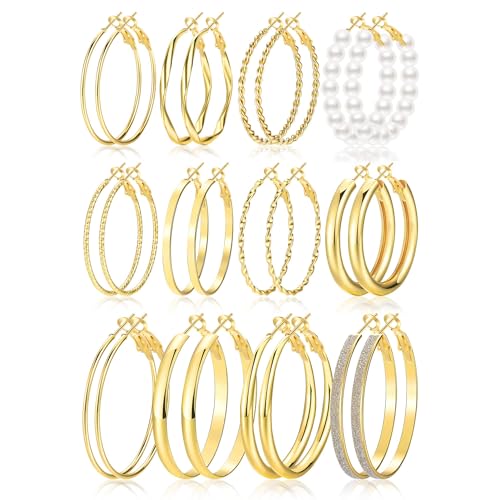 12 Pairs Gold Hoop Earrings Set for Women，Fashion Jewelry Gifts 40mm/50mm | Large/Big, Trendy, Pearl, Multiple Styles, lightweight, 14K Gold-plated, Hypoallergenic, Great for Party/Gathering/Work/Daily - color: Gold