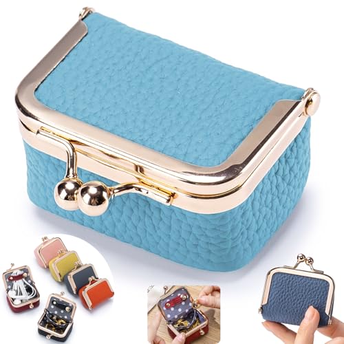 Genuine Leather Mini Jewelry Box - Vintage-Inspired Small Travel Jewelry Case with Kiss Lock | Compact Ring Box for Women | Holds Earrings, Rings, Necklaces, Bracelets (New Blue S 2.56in) - color: New Blue S 2.56in