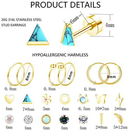 MJust 18 Pairs Earrings Set – Flat Back Stud Hypoallergenic 20G Steel stud | 18 Pairs Flat Back Earrings Set – Hypoallergenic 316L Steel Studs for Cartilage & Lobe Piercings - color: Aureate
