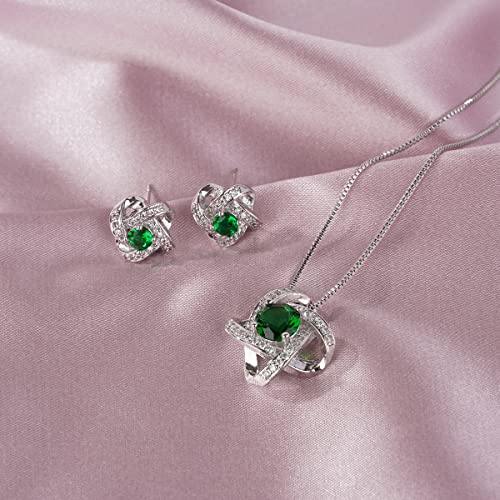 AMYJANE Bridal Jewelry Set for Women - Crystal Cubic Zirconia Love Knot Necklace Stud Earrings Elegant CZ Jewelry Set for Wedding Bride Bridesmaids Gift Set - color: Emerald(14k White Gold Plated)
