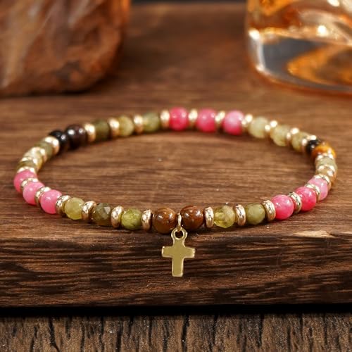 Christian Colorful Natural Gemstones Stone Seed Beaded Bracelets for women Men, Handmade Gold Cross Healing Crystal Jewelry, Lucky Amulet Faith Daily Party Friendship Holiday Gift - color: Pink Quartz
