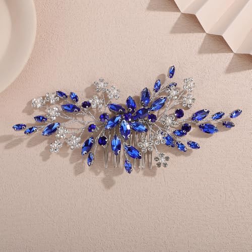 Teyglen Blue Rhinestone Wedding Hair Comb with Pearl Crystal Flower Headpiece for Women - color: Blue