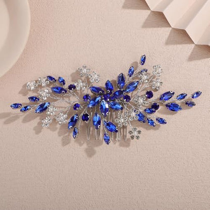 Teyglen Blue Rhinestone Wedding Hair Comb with Pearl Crystal Flower Headpiece for Women - color: Blue