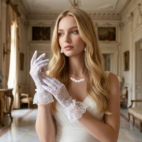 Avxdbr 4 Pieces Pearl Jewelry Lace Gloves Set for Women Girls | Petite Fit Faux Pearl Necklace Adjustable Chain Earrings Stretch Bracelet Lace Gloves for Wedding Tea Party Prom Formal
