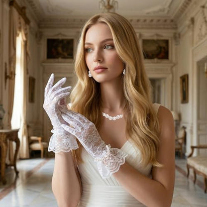 Avxdbr 4 Pieces Pearl Jewelry Lace Gloves Set for Women Girls | Petite Fit Faux Pearl Necklace Adjustable Chain Earrings Stretch Bracelet Lace Gloves for Wedding Tea Party Prom Formal